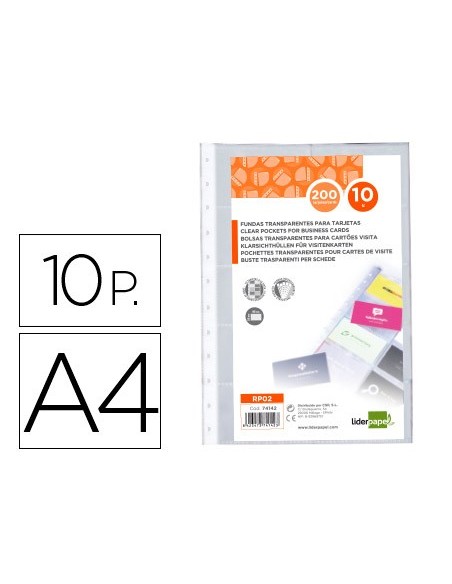 RECAMBIO FUNDAS LIDERPAPEL A4 TARJETERO BOLSA 10 H.20 TARJETAS HOJA
