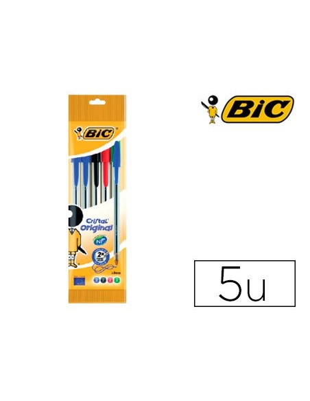BOLIGRAFO BIC CRISTAL MEDIUM BOLSA 5U. SURT.2 AZ /1 NG./1 RJ /1 VE